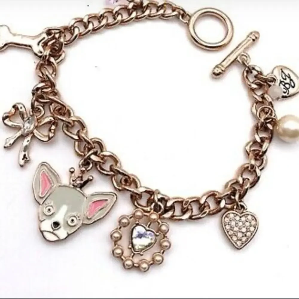 Betsey Johnson Love Me Chihuahua Dog Bone Heart Charm Bracelet Rare Rose Gold‎